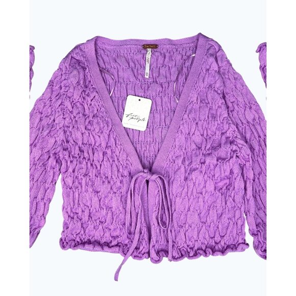 Free People Scrunchy Shrug Purple Long Sleeve Cropped Tie Front Cardigan Size XS - Picture 10 of 14